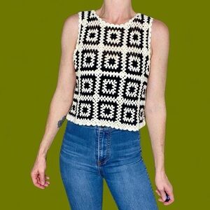 Easy Clothes Black Ivory Granny Square Crochet Hippie Festival Tank Top